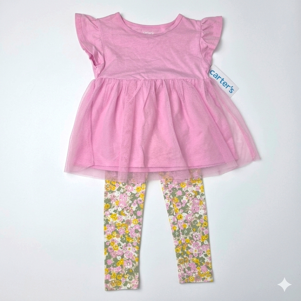 NWT Carter’s Toddler Girl Pink Tulle Tunic & Floral Leggings Set 2T